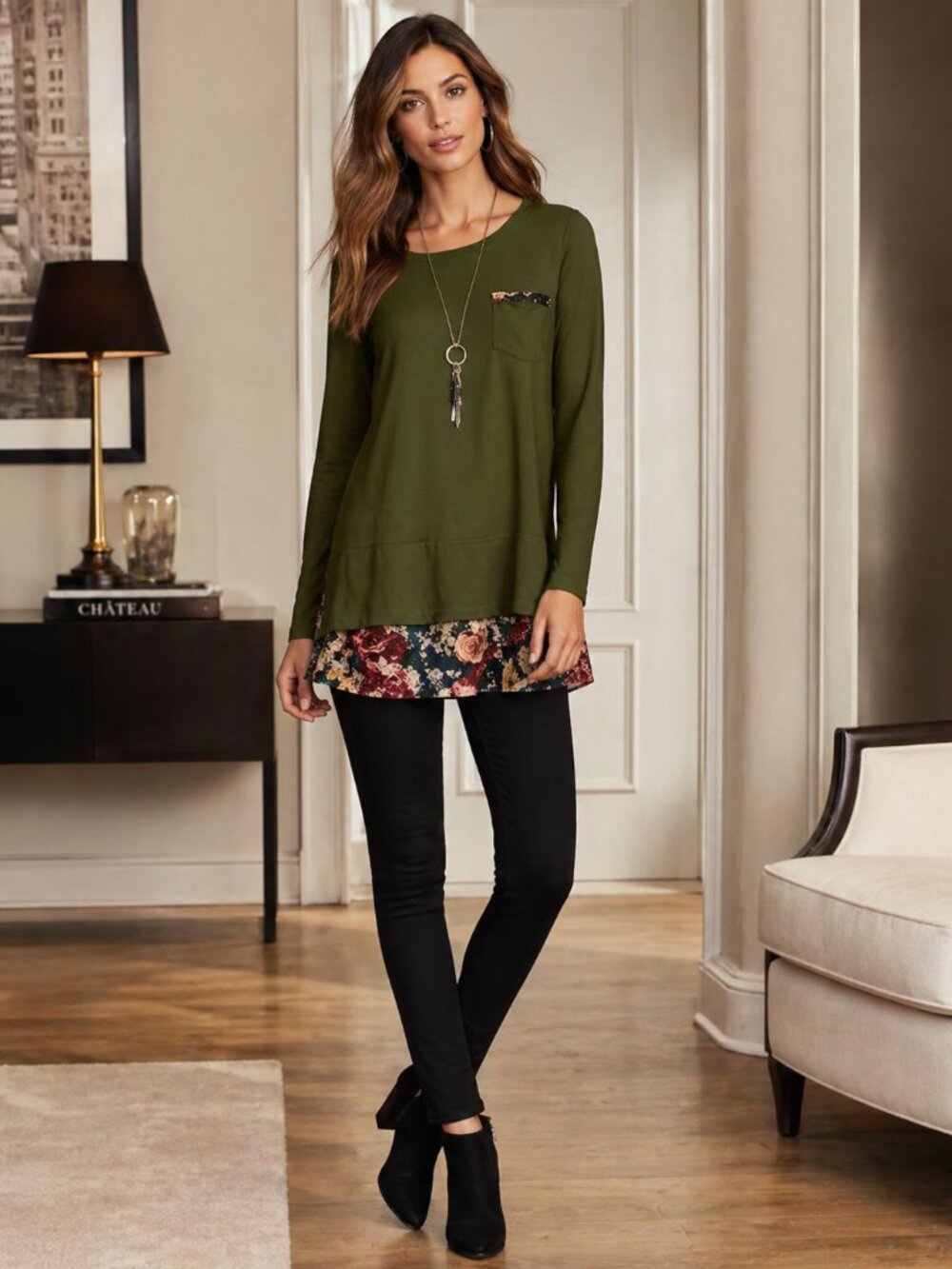 🌸Women's Olive Green Layered Hem Long-Sleeve Top🌸